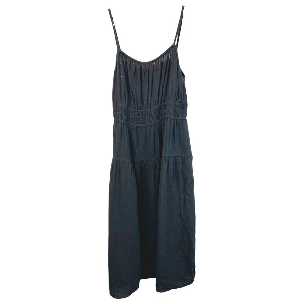 Old Navy Large Midi Dress Black Cotton Gauze Smocked Tiered Pockets Witchy 1175